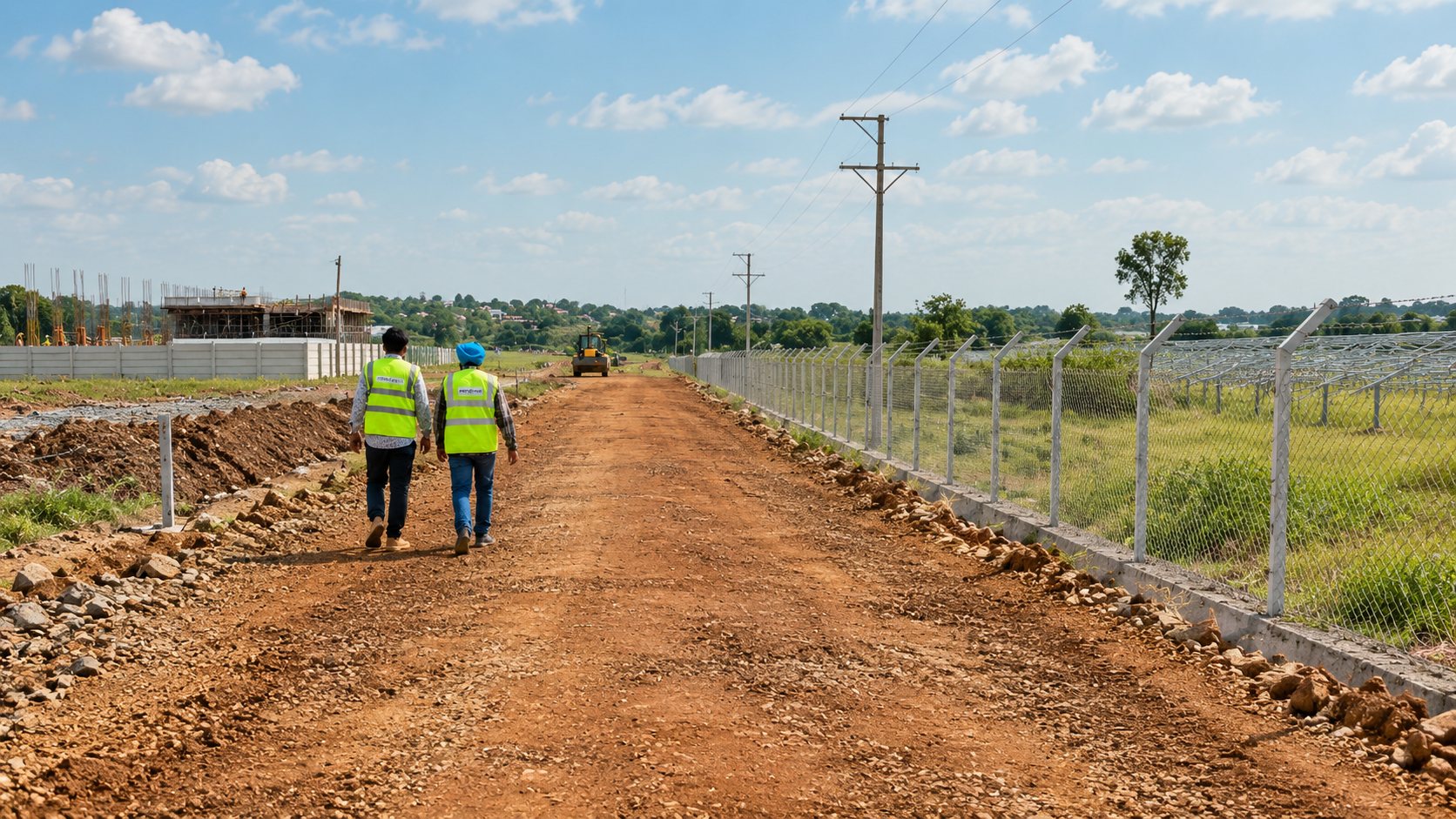 Compacted internal access road running alongside a fenced solar array, with a pole line and a roller working ahead
