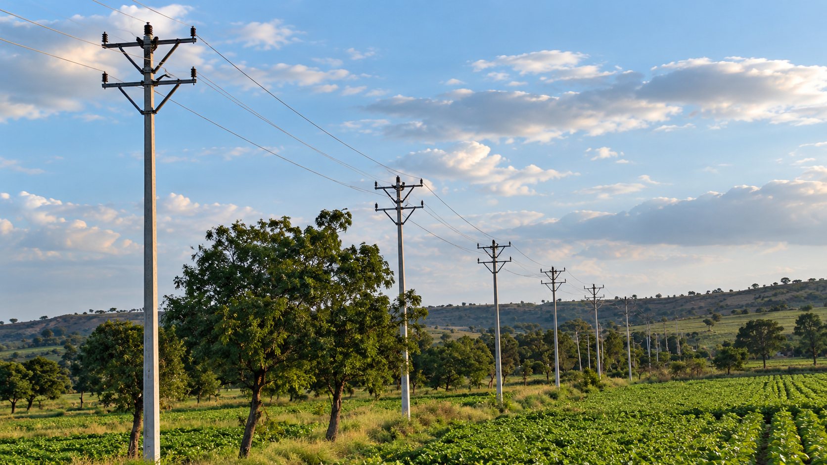 A completed pole line carrying conductors across farmland towards the horizon