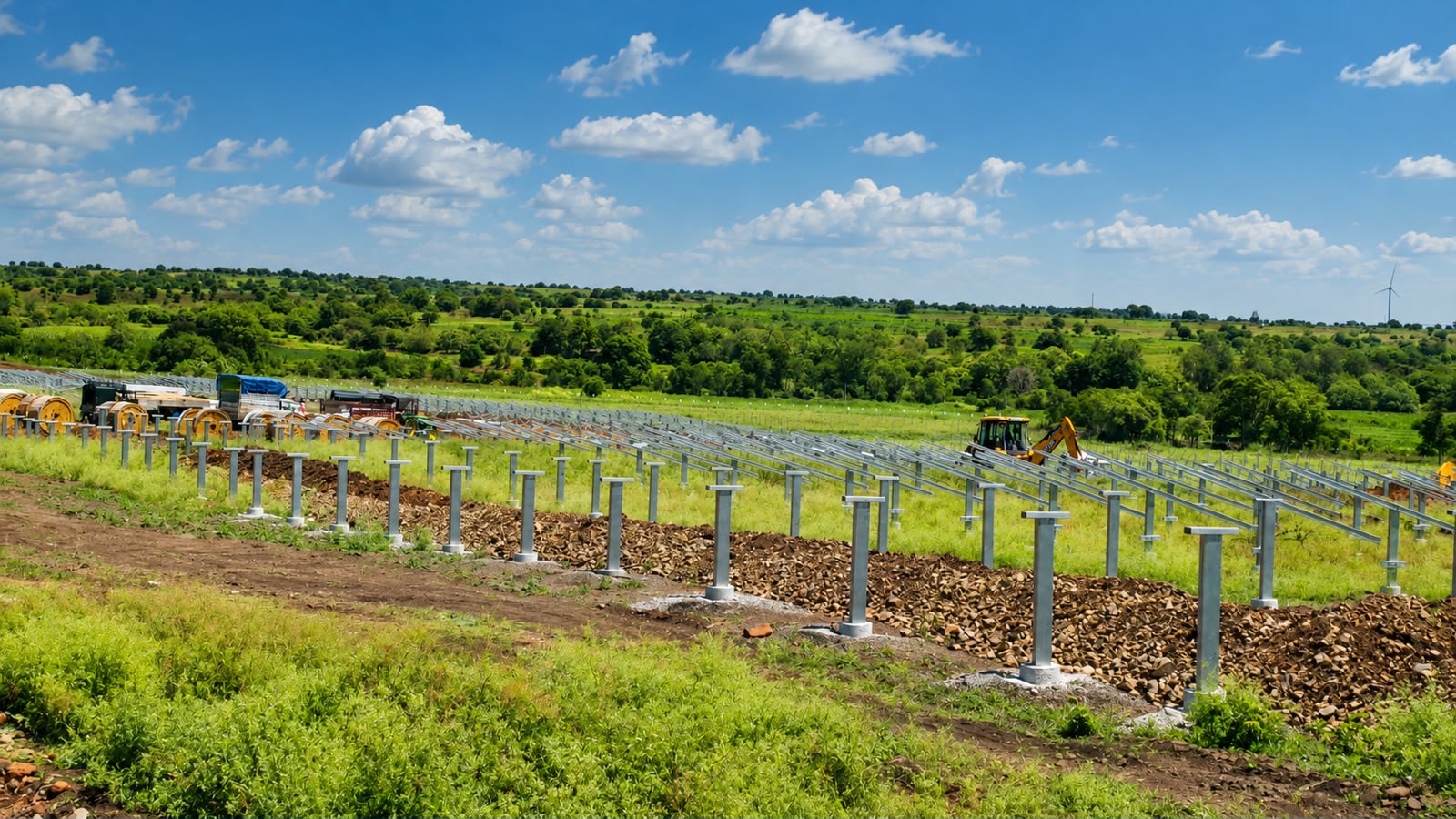 Rows of pile foundations and mounting structures across a solar project site
