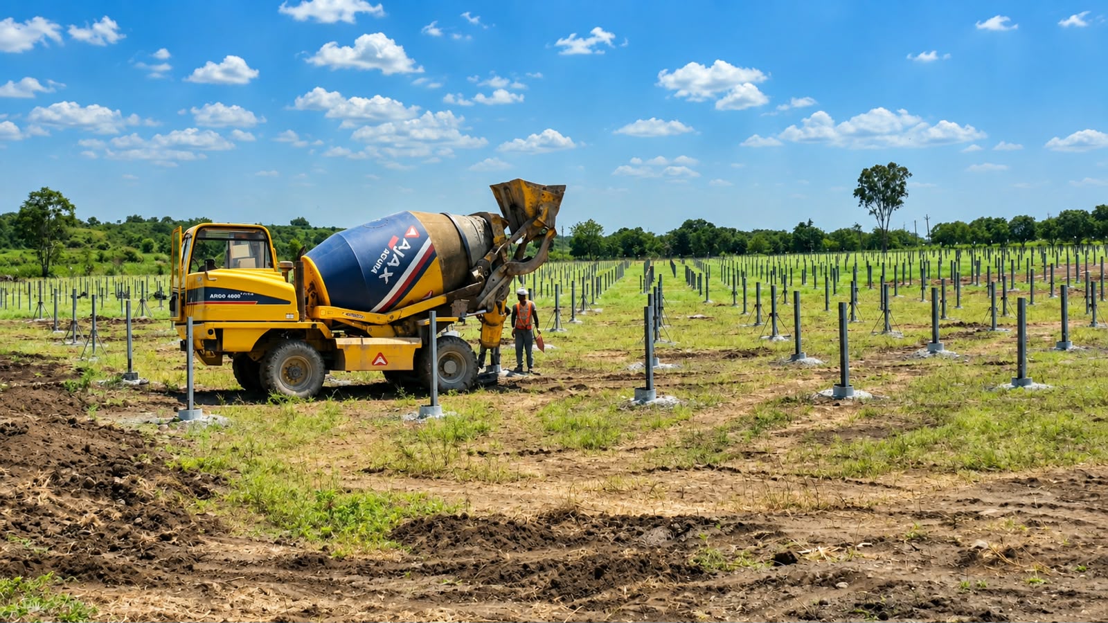 Transit mixer pouring foundations beside rows of solar mounting posts