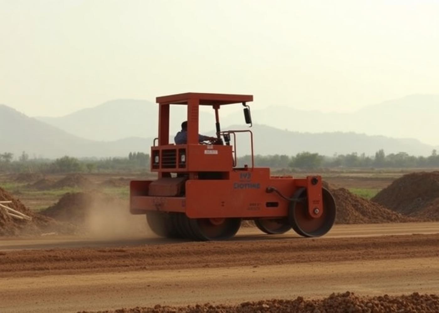 Road roller compacting a new project access road